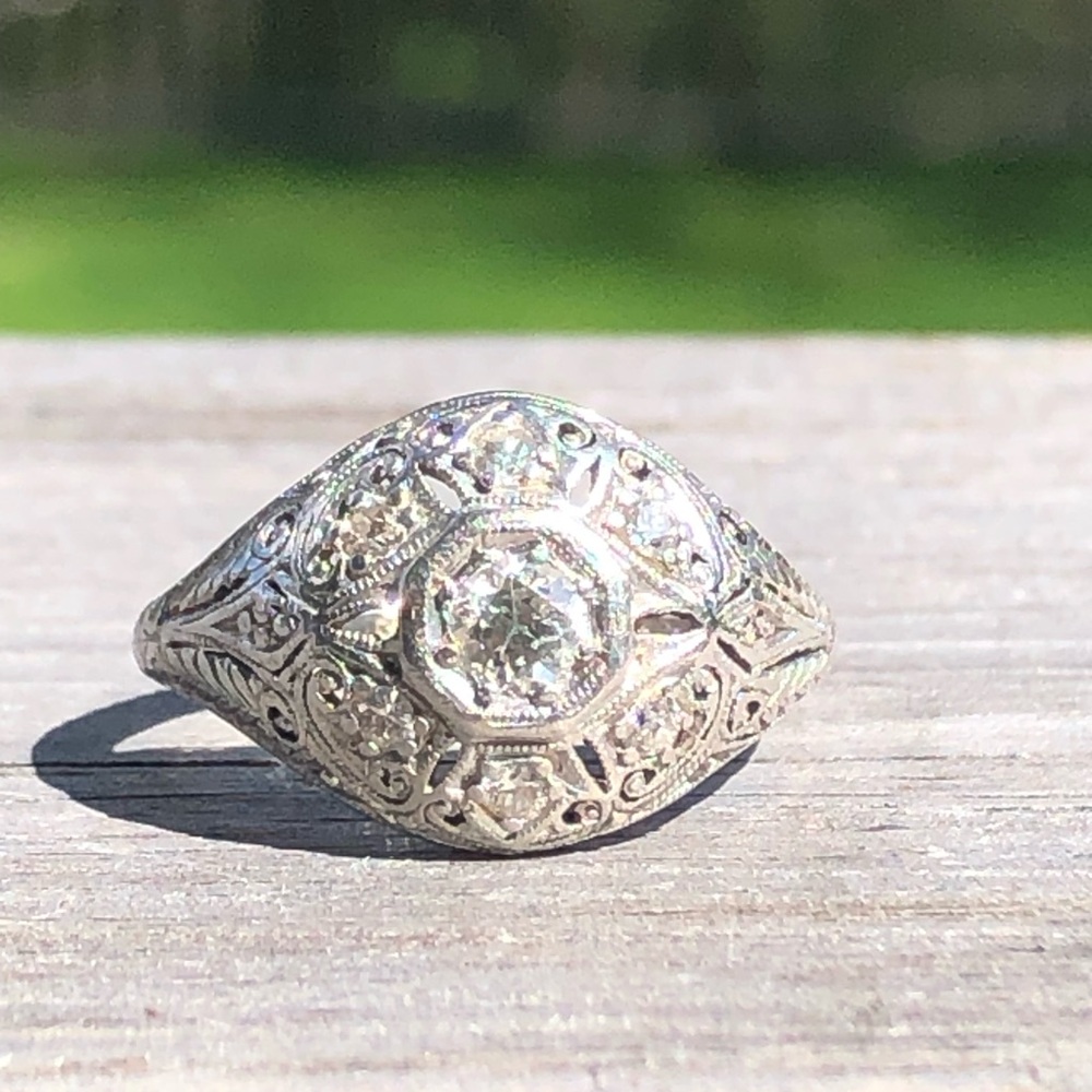 Antique platinum 14k diamond ring - Picture 2 of 13